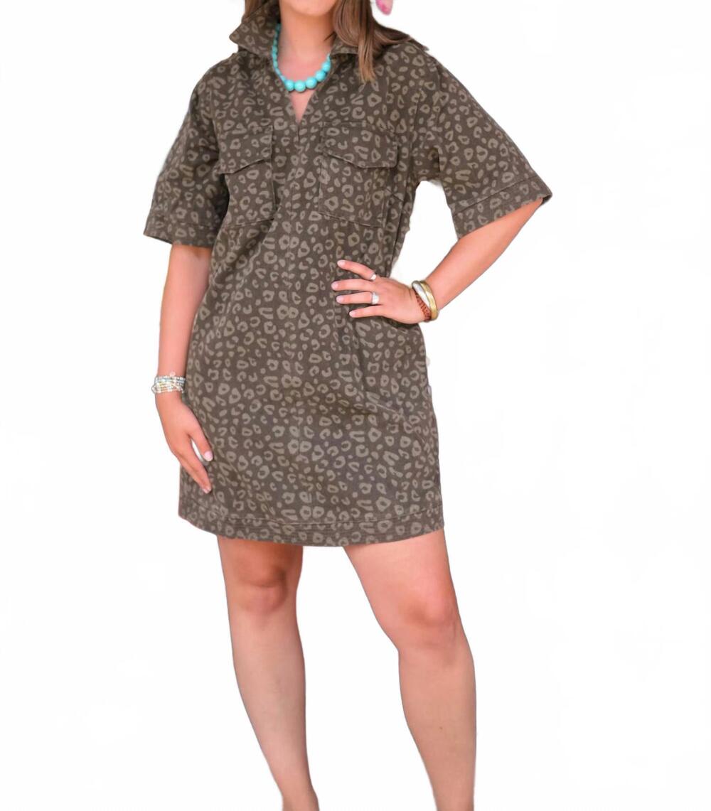 NEW SHE + SKY roam free leopard shift dress in olive
